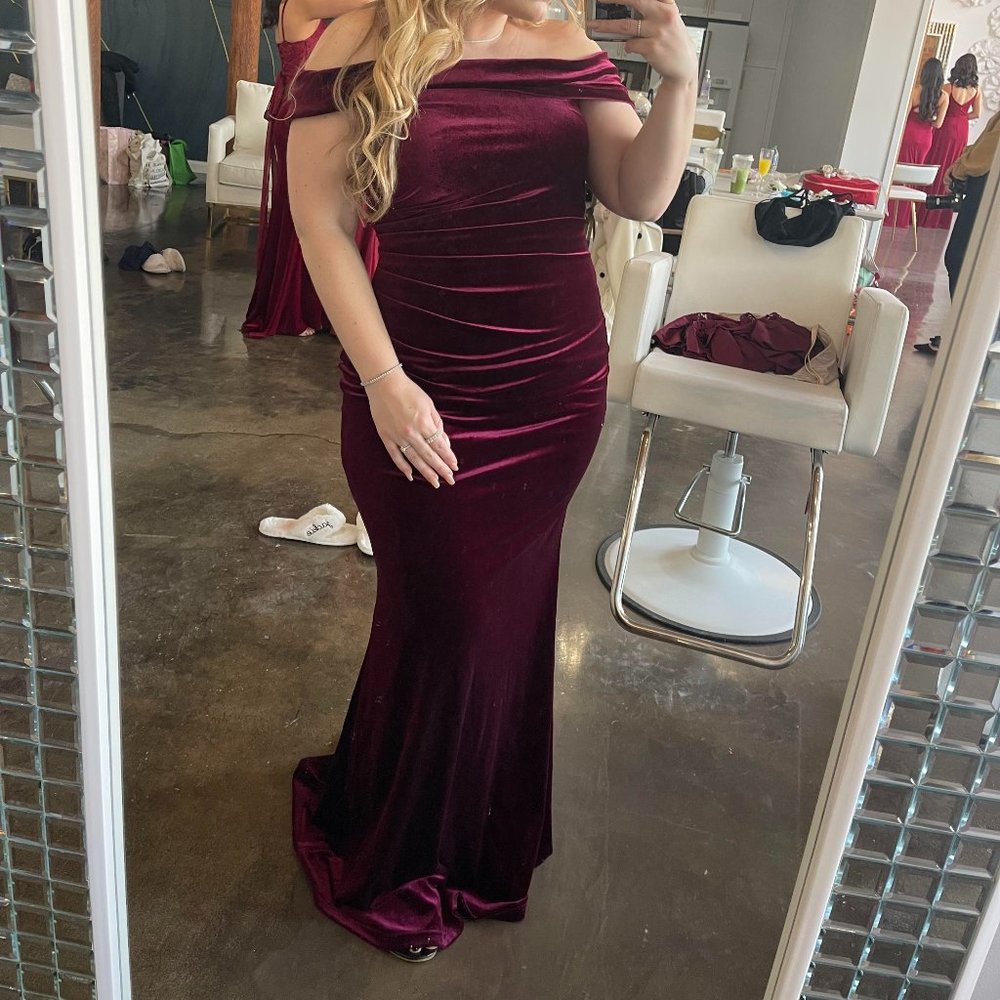Azazie Blush Mark Velvet Bardot Gown - Cabernet - Size L